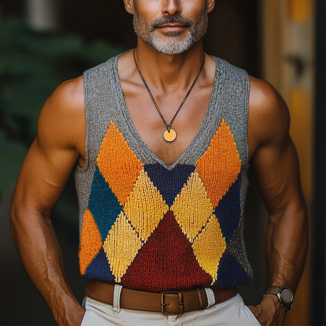 Men's Knitted Tank Top | Diamond Colorblock Design | Summer Fashion | Breathable High-Quality Fabric | Stylish & Vibrant | Relaxed Fit | Fashionable Casual & Evening Wear