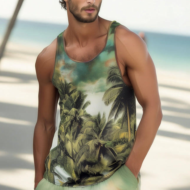 Men's Hawaiian Print Tank Top | Casual Sleeveless Shirt | Skin-friendly Fabric | Breathable Summer Top | Tropical Comfort | Classic Crew Neck | Cotton-Polyester Blend | Multiple Sizes Available
