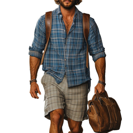 Men's Plaid Retro Long Sleeve Shirt & Shorts Set | Western Style | Breathable Fabric | Button-Down Collar | Relaxed Fit | Adjustable Drawstring Waist | Casual & Semi-Formal Wear | Versatile & Stylish