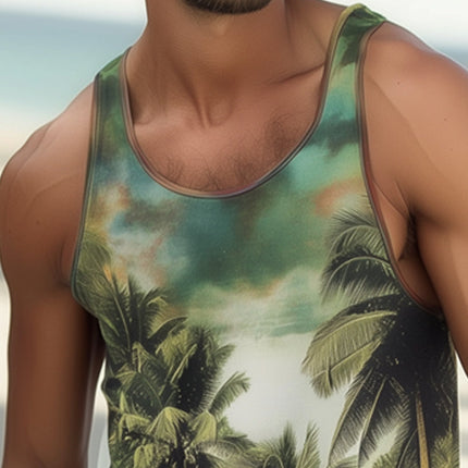 Men's Hawaiian Print Tank Top | Casual Sleeveless Shirt | Skin-friendly Fabric | Breathable Summer Top | Tropical Comfort | Classic Crew Neck | Cotton-Polyester Blend | Multiple Sizes Available