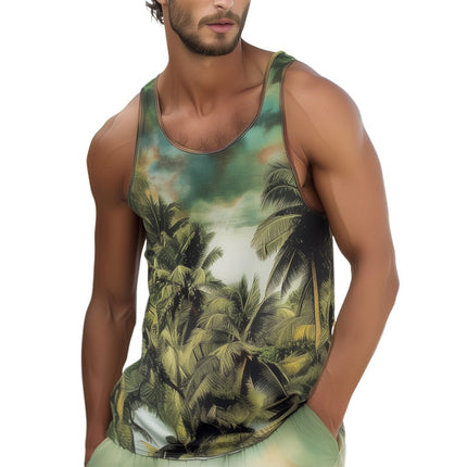 Men's Hawaiian Print Tank Top | Casual Sleeveless Shirt | Skin-friendly Fabric | Breathable Summer Top | Tropical Comfort | Classic Crew Neck | Cotton-Polyester Blend | Multiple Sizes Available