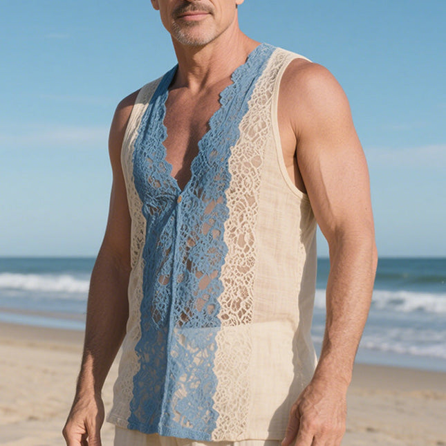 Men's Lace Splicing Tank Top | Spring Fashion Vest | Lightweight Sleeveless Shirt | Breathable Fabric | Comfortable Fit for Casual and Formal Wear
