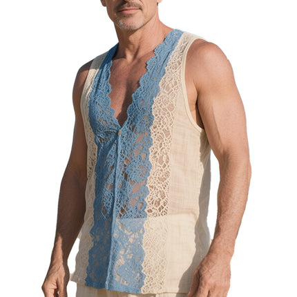 Men's Lace Splicing Tank Top | Spring Fashion Vest | Lightweight Sleeveless Shirt | Breathable Fabric | Comfortable Fit for Casual and Formal Wear