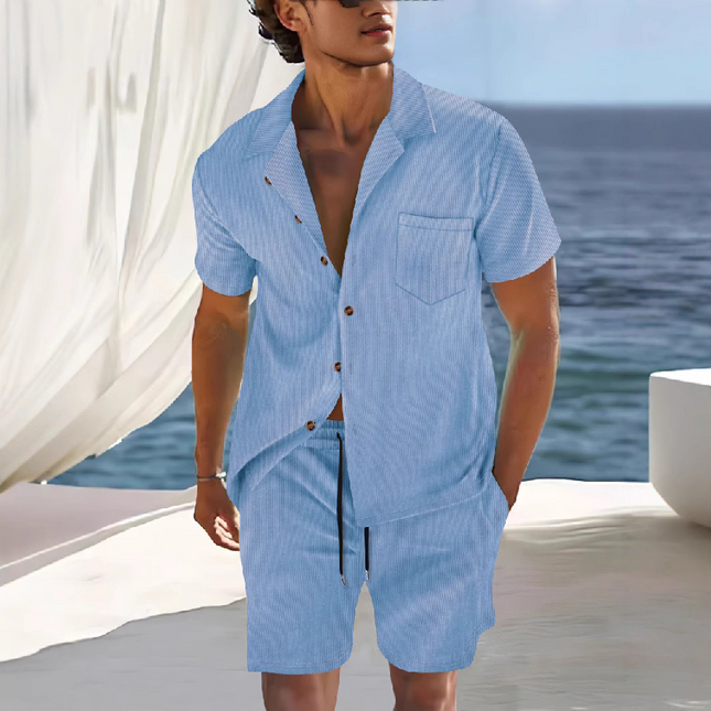 Men's Solid Color Two-Piece Set | Short Sleeve Shirt & Shorts | Holiday Casual Outfit | Breathable Fabric | Versatile Styling | Summer Fashion Essentials