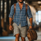 Men's Plaid Retro Long Sleeve Shirt & Shorts Set | Western Style | Breathable Fabric | Button-Down Collar | Relaxed Fit | Adjustable Drawstring Waist | Casual & Semi-Formal Wear | Versatile & Stylish