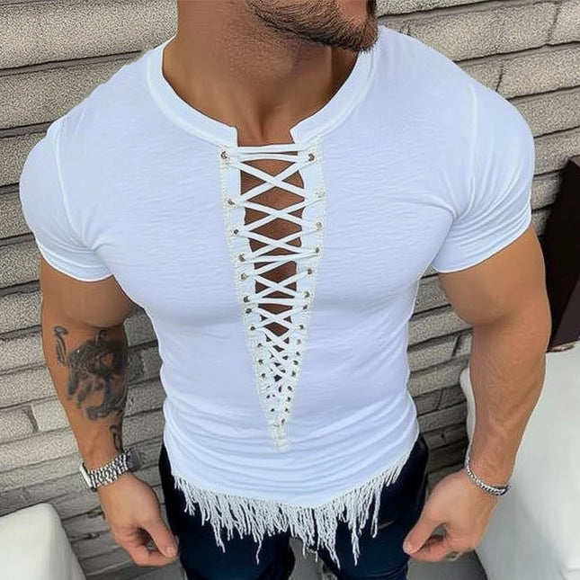 Men's Lace-Up Tassel T-Shirt | Short-Sleeve Summer Fashion | Lightweight & Breathable | Casual Wardrobe Essential | Multiple Sizes S-3XL | Trendy & Unique Design