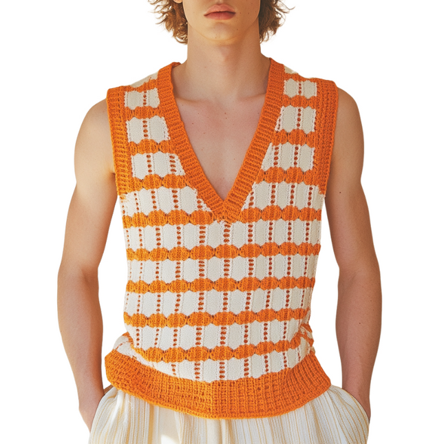 Men's V-Neck Knitted Tank Top | Plaid Jacquard Pattern | Casual Stylish Fit | Soft Premium Fabric | Versatile Layering Options | Easy Care Machine Washable | Multiple Sizes Available | Perfect for Any Occasion