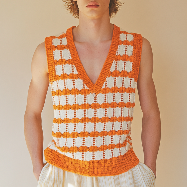 Men's V-Neck Knitted Tank Top | Plaid Jacquard Pattern | Casual Stylish Fit | Soft Premium Fabric | Versatile Layering Options | Easy Care Machine Washable | Multiple Sizes Available | Perfect for Any Occasion