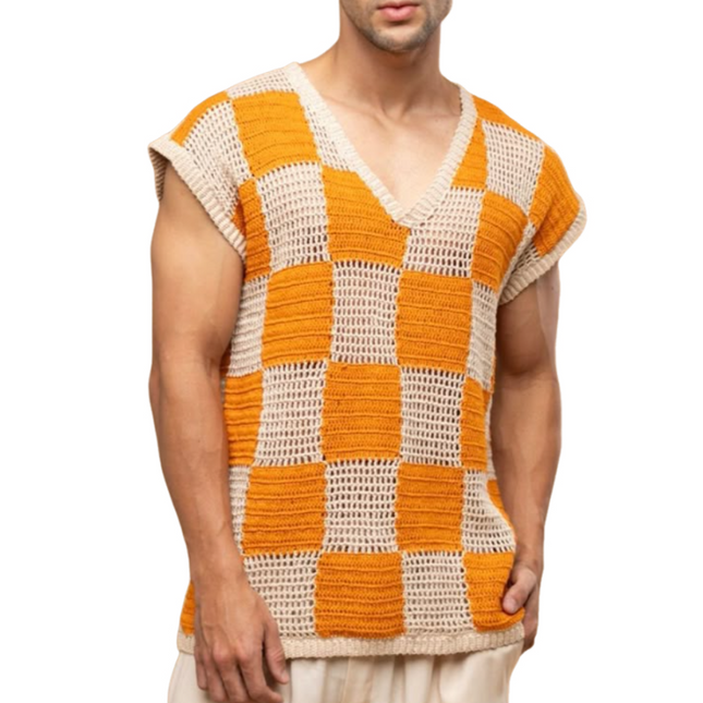 Men's V-Neck Casual Tank Top | Check Jacquard | Breathable Loose Knit | Lightweight Summer Fashion | Relaxed Fit | Versatile Styling | Easy Care | Multiple Sizes Available