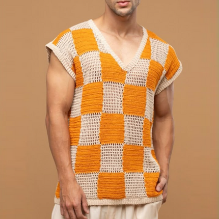 Men's V-Neck Casual Tank Top | Check Jacquard | Breathable Loose Knit | Lightweight Summer Fashion | Relaxed Fit | Versatile Styling | Easy Care | Multiple Sizes Available