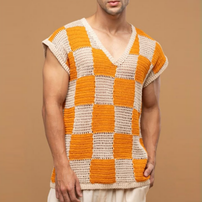 Men's V-Neck Casual Tank Top | Check Jacquard | Breathable Loose Knit | Lightweight Summer Fashion | Relaxed Fit | Versatile Styling | Easy Care | Multiple Sizes Available