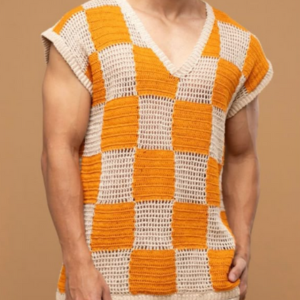 Men's V-Neck Casual Tank Top | Check Jacquard | Breathable Loose Knit | Lightweight Summer Fashion | Relaxed Fit | Versatile Styling | Easy Care | Multiple Sizes Available