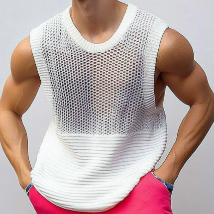 Men's Tank Top | Casual Crew Neck | Hollow Out Patchwork Design | Soft Knitted Fabric | Lightweight & Breathable | Comfortable Fit | Versatile Styling | Summer Fashion | Easy Care | Multiple Sizes Available