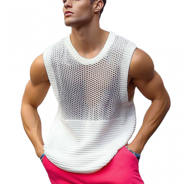 Men's Tank Top | Casual Crew Neck | Hollow Out Patchwork Design | Soft Knitted Fabric | Lightweight & Breathable | Comfortable Fit | Versatile Styling | Summer Fashion | Easy Care | Multiple Sizes Available
