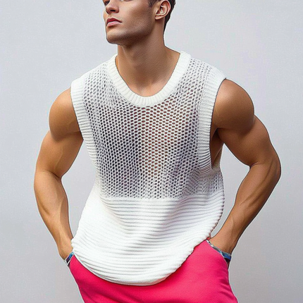 Men's Tank Top | Casual Crew Neck | Hollow Out Patchwork Design | Soft Knitted Fabric | Lightweight & Breathable | Comfortable Fit | Versatile Styling | Summer Fashion | Easy Care | Multiple Sizes Available