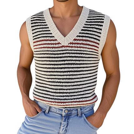 Men's V Neck Striped Knitted Tank Top | Casual Contrast Color | Soft Breathable Fabric | Comfortable Fit | Versatile Summer Wear | Easy Care Machine Washable | Available in Multiple Sizes