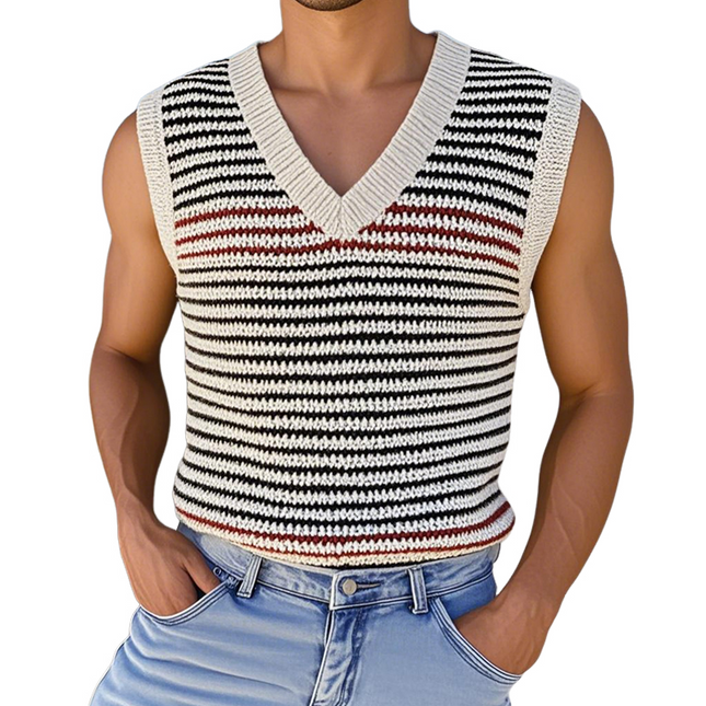 Men's V Neck Striped Knitted Tank Top | Casual Contrast Color | Soft Breathable Fabric | Comfortable Fit | Versatile Summer Wear | Easy Care Machine Washable | Available in Multiple Sizes