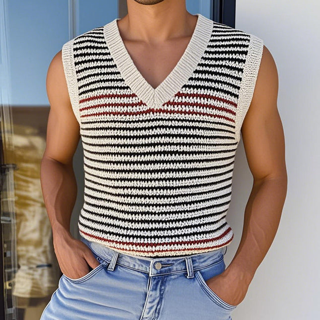 Men's V Neck Striped Knitted Tank Top | Casual Contrast Color | Soft Breathable Fabric | Comfortable Fit | Versatile Summer Wear | Easy Care Machine Washable | Available in Multiple Sizes