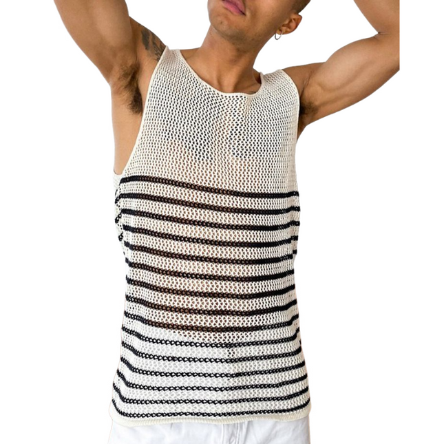 Men's Knitted Tank Top | Round Neck | Hollow Stripe Design | Breathable Summer Wear | Casual Fit | Soft Fabric | Versatile Styling | Multiple Sizes Available | Easy Care | Ideal for Outdoor Activities