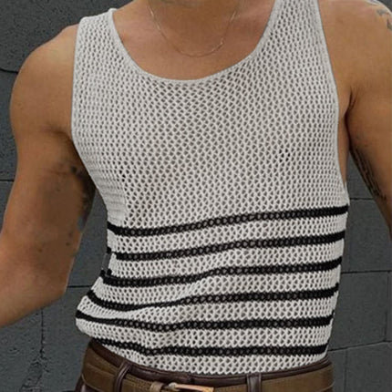Men's Knitted Tank Top | Round Neck | Hollow Stripe Design | Breathable Summer Wear | Casual Fit | Soft Fabric | Versatile Styling | Multiple Sizes Available | Easy Care | Ideal for Outdoor Activities