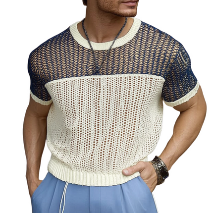 Men's Color Block Short Sleeve Sweater | Round Neck Knitted Shirt | Soft Breathable Fabric | Casual Fashionable Design | Available in Various Sizes