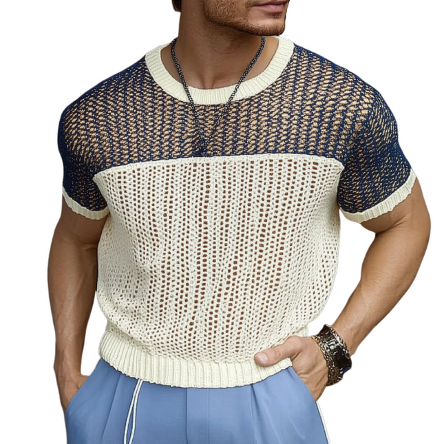 Men's Color Block Short Sleeve Sweater | Round Neck Knitted Shirt | Soft Breathable Fabric | Casual Fashionable Design | Available in Various Sizes