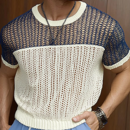Men's Color Block Short Sleeve Sweater | Round Neck Knitted Shirt | Soft Breathable Fabric | Casual Fashionable Design | Available in Various Sizes