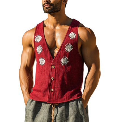 Men's V-Neck Linen Vest | Daisy Embroidered | Single-Breasted Slim Fit | Casual Outerwear | Breathable Lightweight Fabric | Stylish Summer Layer | Easy Care | Versatile Wardrobe Essential