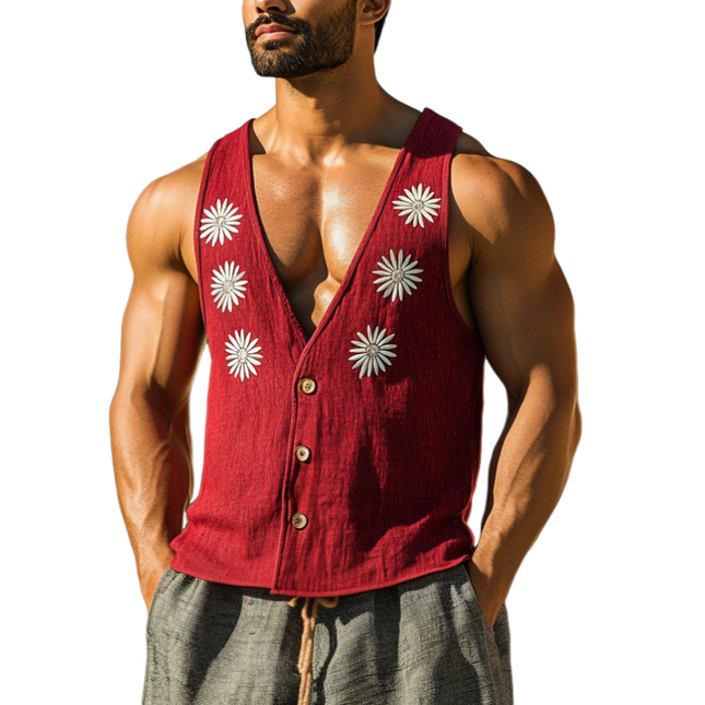 Men's V-Neck Linen Vest | Daisy Embroidered | Single-Breasted Slim Fit | Casual Outerwear | Breathable Lightweight Fabric | Stylish Summer Layer | Easy Care | Versatile Wardrobe Essential
