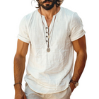 Men's Cotton Linen Blend T-Shirt | Henley Collar | Short Sleeve | Loose Fit | Breathable Lightweight Casual Top | Summer Fashion | Easy Care | Versatile Styling | Comfortable Everyday Wear