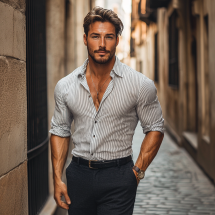 Men's Slim Fit Long Sleeve Shirt | Cotton Blend Striped Dress Shirt | Lapel Collar & Adjustable Cuffs | Versatile Style for Casual or Formal Wear | Comfortable & Breathable | Easy Care | Multiple Sizes