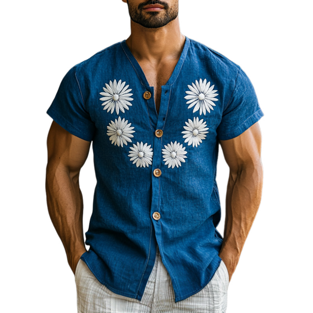Men's Slim Fit V-Neck Short Sleeve Shirt | Casual Cotton Linen Blend | Breathable & Lightweight | Single-Breasted Button-Down | Stylish & Comfortable | Versatile Summer Wear | Multiple Sizes Available