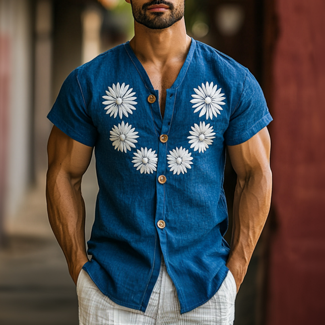 Men's Slim Fit V-Neck Short Sleeve Shirt | Casual Cotton Linen Blend | Breathable & Lightweight | Single-Breasted Button-Down | Stylish & Comfortable | Versatile Summer Wear | Multiple Sizes Available