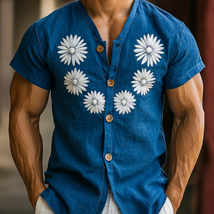 Men's Slim Fit V-Neck Short Sleeve Shirt | Casual Cotton Linen Blend | Breathable & Lightweight | Single-Breasted Button-Down | Stylish & Comfortable | Versatile Summer Wear | Multiple Sizes Available