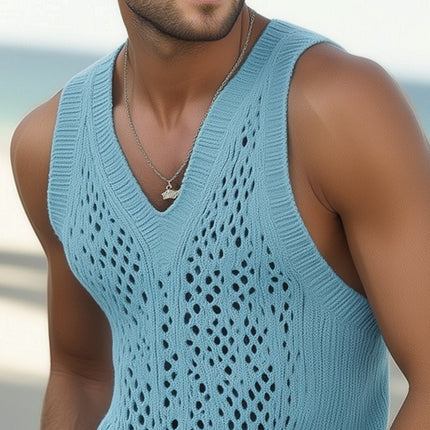Men's Knitted Hollow Tank Top | Summer Fashion | Breathable Sleeveless Design | Casual Seaside Clothing | Available Sizes S-3XL | High-Quality Soft Fabric | Comfortable Fit | Trendy Summer Outfit