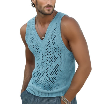 Men's Knitted Hollow Tank Top | Summer Fashion | Breathable Sleeveless Design | Casual Seaside Clothing | Available Sizes S-3XL | High-Quality Soft Fabric | Comfortable Fit | Trendy Summer Outfit