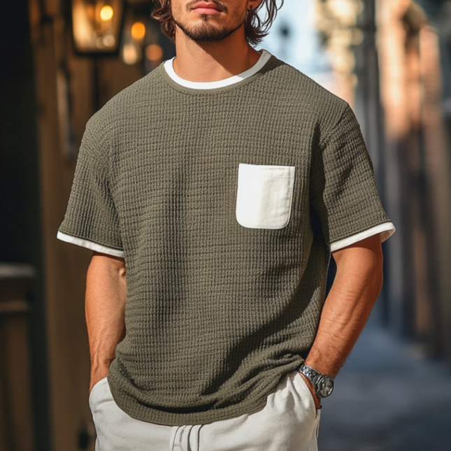 Men's Round Neck Colorblock Patchwork Sweater | Loose Fit Short Sleeve Knitted Top | Casual Fashion | Comfortable Soft Knit | Versatile Styling | Breathable Design | Ideal for Layering