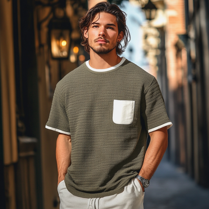Men's Round Neck Colorblock Patchwork Sweater | Loose Fit Short Sleeve Knitted Top | Casual Fashion | Comfortable Soft Knit | Versatile Styling | Breathable Design | Ideal for Layering