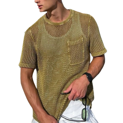 Men's Casual Short Sleeve Sweater | Round Neck | Hollow Knit Pattern | Soft Lightweight Fabric | Breathable Loose Fit | Versatile for Layering | Spring Summer Fashion