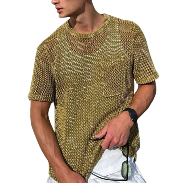 Men's Casual Short Sleeve Sweater | Round Neck | Hollow Knit Pattern | Soft Lightweight Fabric | Breathable Loose Fit | Versatile for Layering | Spring Summer Fashion