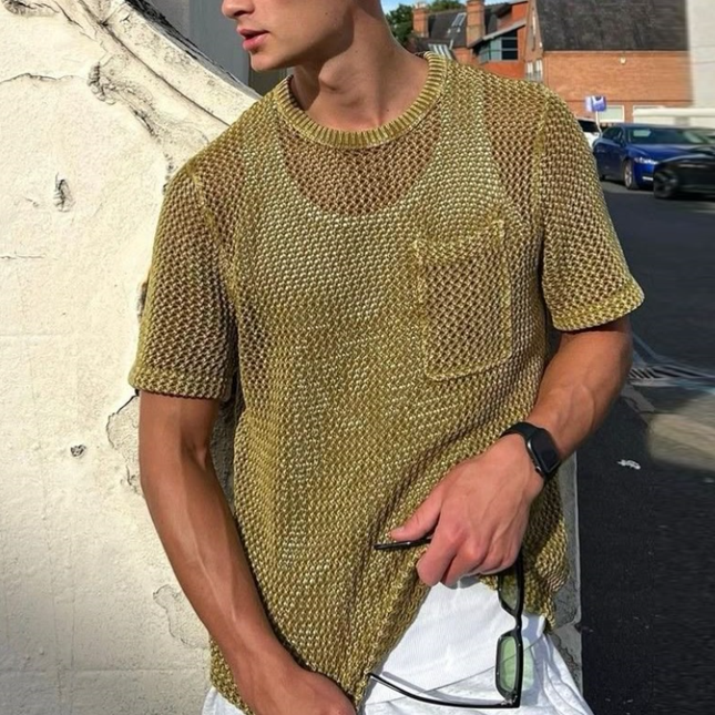 Men's Casual Short Sleeve Sweater | Round Neck | Hollow Knit Pattern | Soft Lightweight Fabric | Breathable Loose Fit | Versatile for Layering | Spring Summer Fashion
