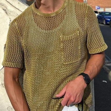 Men's Casual Short Sleeve Sweater | Round Neck | Hollow Knit Pattern | Soft Lightweight Fabric | Breathable Loose Fit | Versatile for Layering | Spring Summer Fashion