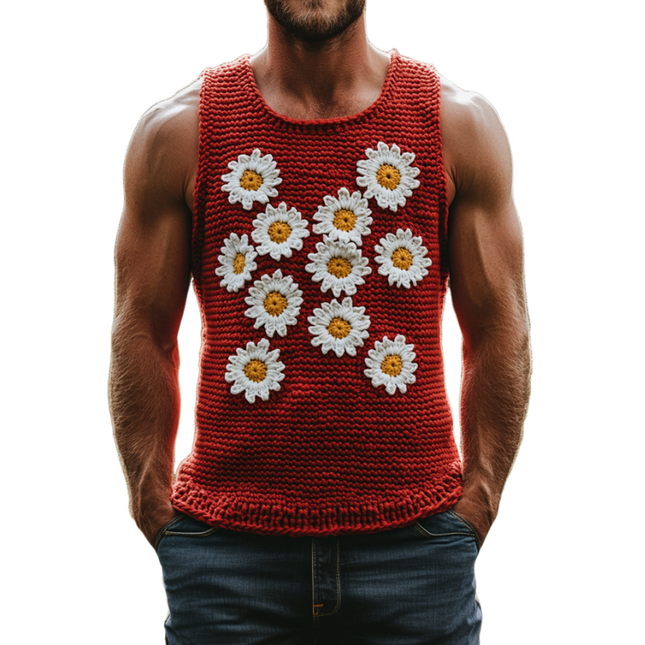Men's Slim Fit Knitted Tank Top | Daisy Embroidered | Crew Neck | Casual Summer Top | Soft Breathable Fabric | Versatile Styling Options | Elegant Design