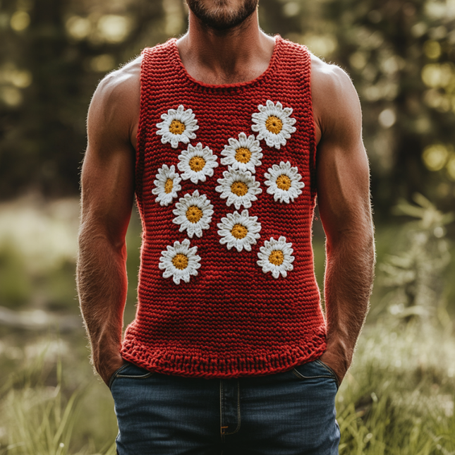 Men's Slim Fit Knitted Tank Top | Daisy Embroidered | Crew Neck | Casual Summer Top | Soft Breathable Fabric | Versatile Styling Options | Elegant Design