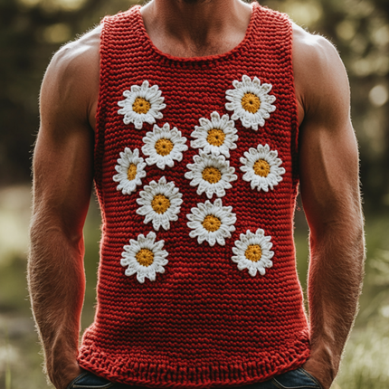 Men's Slim Fit Knitted Tank Top | Daisy Embroidered | Crew Neck | Casual Summer Top | Soft Breathable Fabric | Versatile Styling Options | Elegant Design