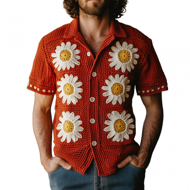 Men's Daisy Embroidery Cardigan | Lapel Collar | Single Breasted | Knitted Short Sleeve | Lightweight Layering | Casual & Smart-Casual Style | Versatile Outfit Options | Easy Care | Multiple Sizes