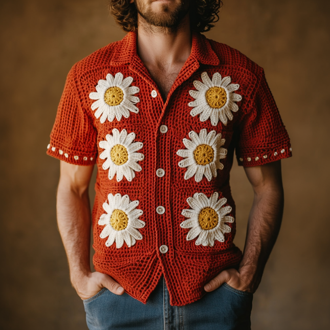 Men's Daisy Embroidery Cardigan | Lapel Collar | Single Breasted | Knitted Short Sleeve | Lightweight Layering | Casual & Smart-Casual Style | Versatile Outfit Options | Easy Care | Multiple Sizes
