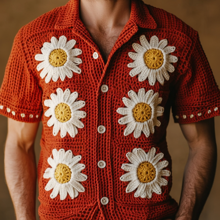 Men's Daisy Embroidery Cardigan | Lapel Collar | Single Breasted | Knitted Short Sleeve | Lightweight Layering | Casual & Smart-Casual Style | Versatile Outfit Options | Easy Care | Multiple Sizes