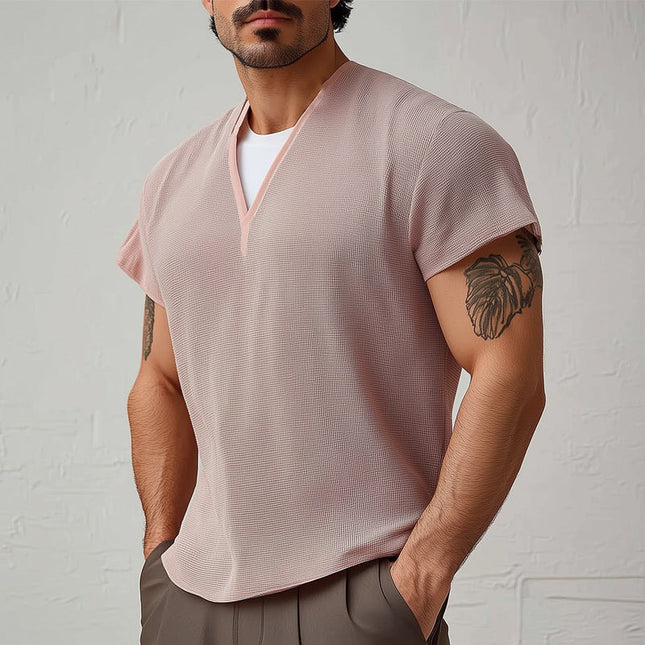 Men's V-Neck Textured Cotton T-Shirt | Short Sleeve Summer Tee | Casual Regular Fit | Breathable Fabric | Stylish Men's Top for Warm Weather | Versatile Wardrobe Essential