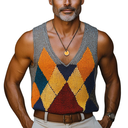 Men's Knitted Tank Top | Diamond Colorblock Design | Summer Fashion | Breathable High-Quality Fabric | Stylish & Vibrant | Relaxed Fit | Fashionable Casual & Evening Wear